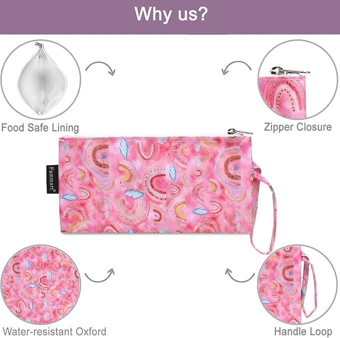 Reusable Sandwich Bag/Snack Bag for Kids & Adults, Dual Layer Lunch Bag with Handle, Washable, Food Safe, BPA Free (2-Pack, Rainbow)