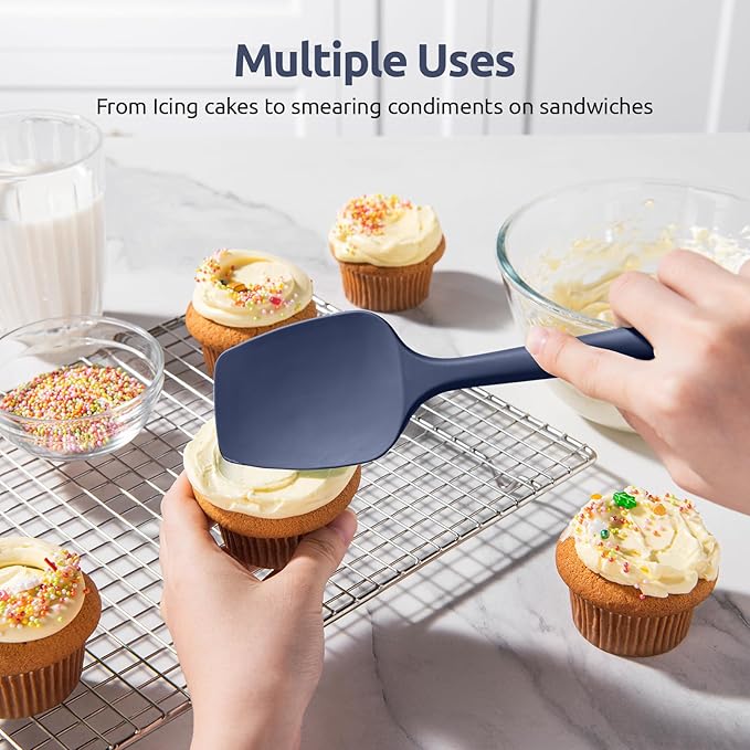 U-Taste Silicone Spoon Spatula Set: 480ºF Heat Resistant Food Grade Flexible Rubber Spoonula, Nonstick Cooking Mixing Scooping Kitchen Baking Scraper Utensils Set of 3 for Pan, Bowl (Midnight Blue)