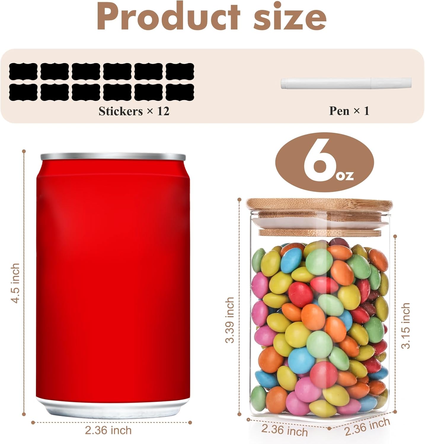 6oz Glass Spice Jars with Bamboo Lid and Label, 12 Pack Square Glass Container, Small Food Storage Containers for Kitchen, Clear Empty Seasoning Jar for Sugar, Salt, Coffee Bean, Herb, Borosilicate