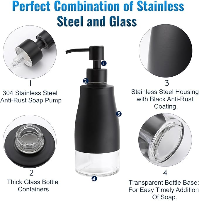 Black Soap Dispenser with Coaster and Stickers, Dish Soap Dispenser for Kitchen, Hand Soap Dispenser for Bathroom, 304 Stainless Steel Glass Lotion Dispenser (2 Pack)
