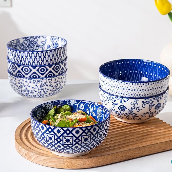 Ceramic Soup Bowls Set - 23 Oz Deep Cereal Bowl for kitchen - 6 Inch Porcelain Salad Bowl for Pasta, Dessert, Ramen - Microwave Dishwasher Safe - Set of 6 - Vintage Blue