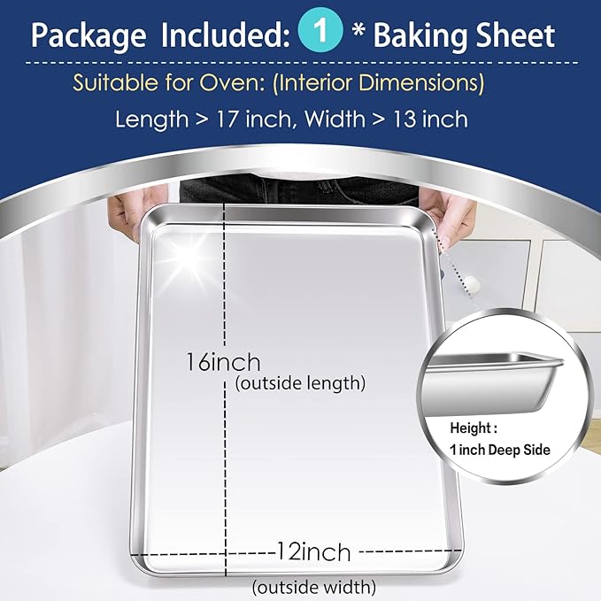 P&P CHEF 16 Inch Baking Cookie Sheet, Oven Pan Tray Stainless Steel Sheet Pan for Kitchen, Oven Bakeware for Multi Uses, Shiny Look & Dishwasher Safe, Healthy & Heavy Duty, 1Pc
