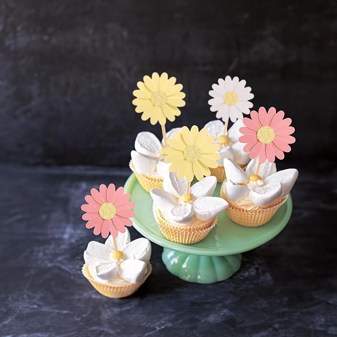 24Pcs Daisy Cupcake Toppers Glitter Flower Daisy Cake Decorations Chrysanthemum Cupcake Toppers Spring Daisy Flower Cake Picks for Birthday Wedding Supplies Multi 2