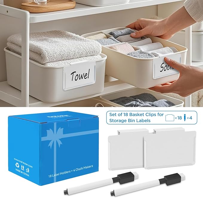 Metal Pantry Baskets Labels Clip On for Storage Bins | Edge Fold-Cream (Edge Fold-White, 18 Metal Label Clip)