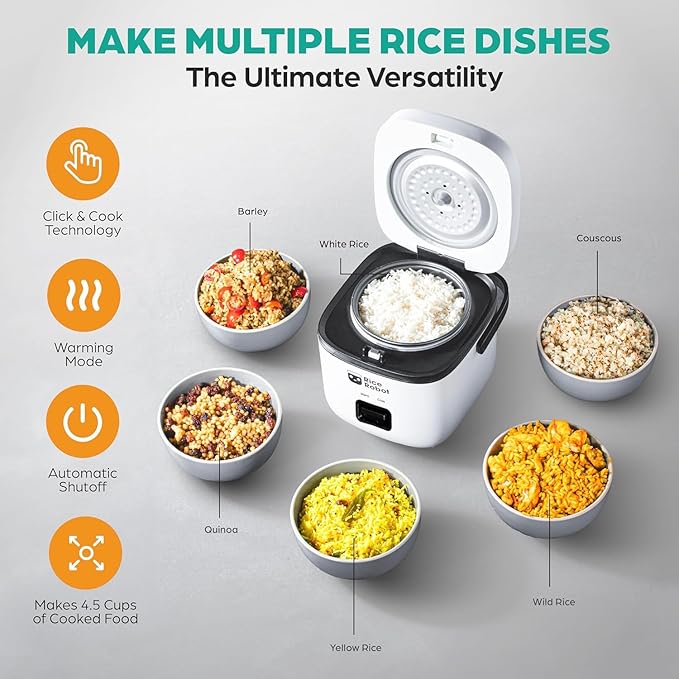 Rice Robot Personal Rice Cooker, PFAS-free, Nonstick. 1 Quart Capacity, with Stainless Steel Steamer Tray, Measuring Cups, Recipe Book with 60 Recipes, and Serving Spoon, As Seen On TV