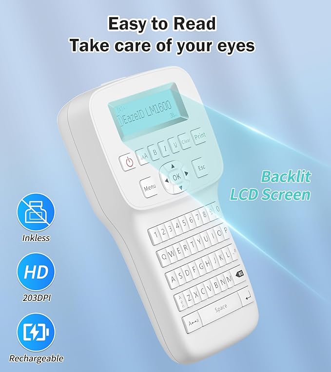 Portable Label Maker Machine with Tapes LM1600, Label Maker with QWERTY Keyboard, Rechargeable Handheld Labeler with Backlighting LCD Screen for Office School Use