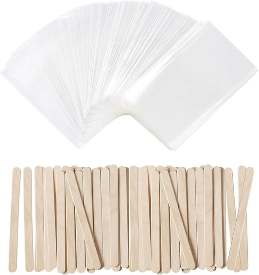 100 PCS Cake Popsicle Sticks and 200 PCS Cake Pop Bags Set, Food Grade 3.15 * 6.69 Inch Popsicle Bags for DIY Ice Popsicle and Cake Pop Mold, 4.5 inch Ice Cream Sticks