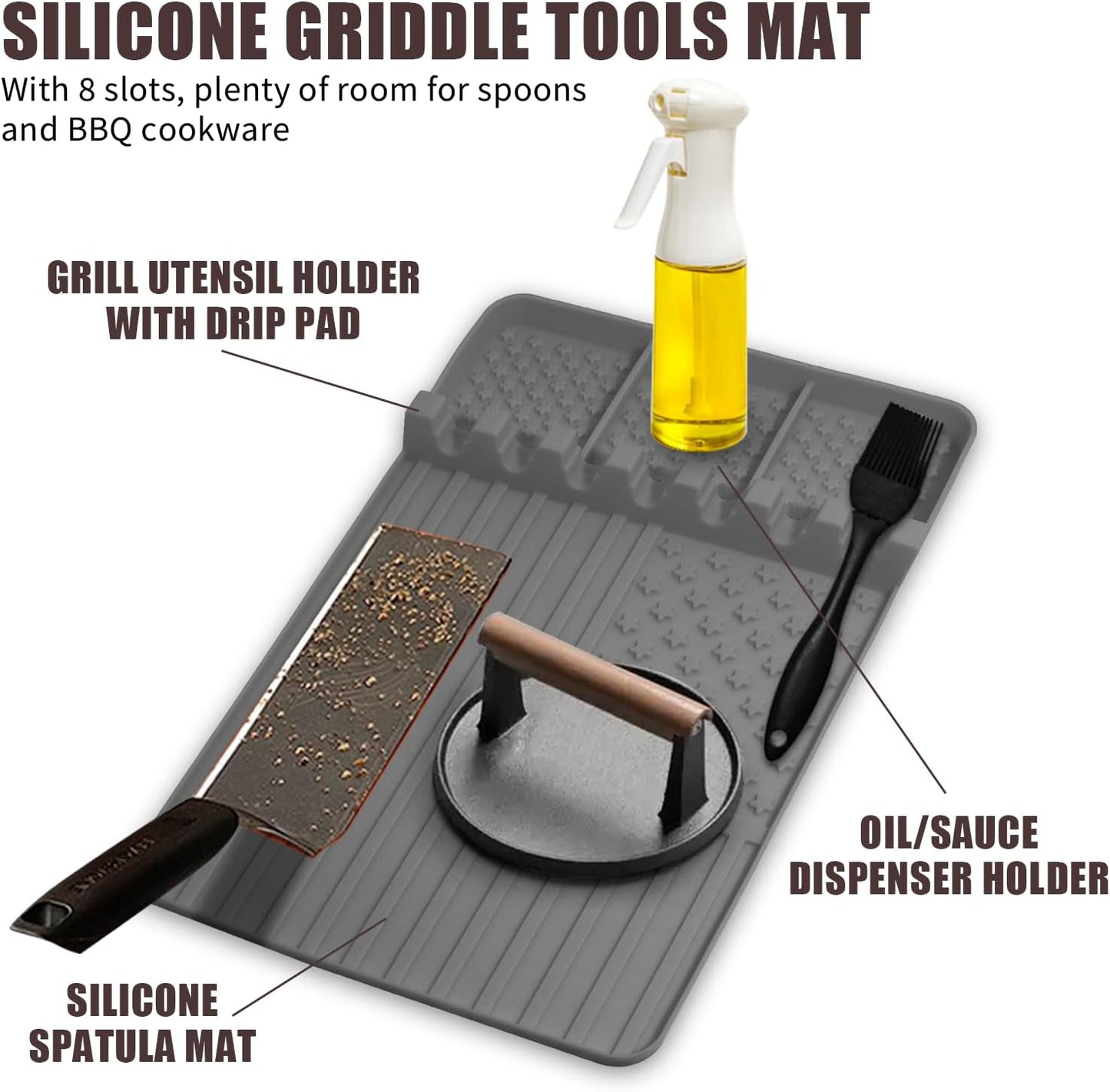 2 PCS Silicone Griddle Tools Mat for Blackstone,Grill BBQ Caddy Utensils Holder for Kitchen,Cooking & Countertop,Large Spatula Mat with Drip Pad,Griddle Accessories for Blackstone (Grey-2)