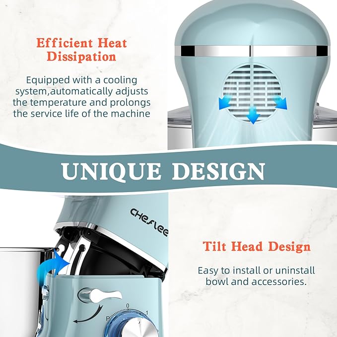 CHeflee Stand Mixer,660W 6+P With 6.5QT Stainless Steel Bowl,Dough Hook, Wire Whip & Beater,for Most Home Cooks,Blue