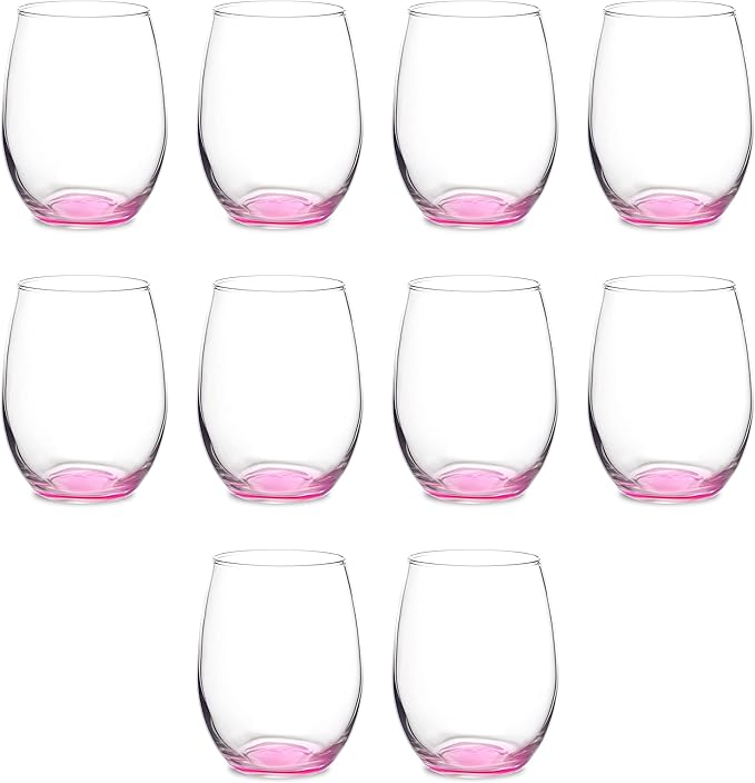 DISCOUNT PROMOS Stemless Wine Glasses in Bulk by ARC Perfection, 15 oz, 10 pack, Red or White Wine Glass Set, Pink