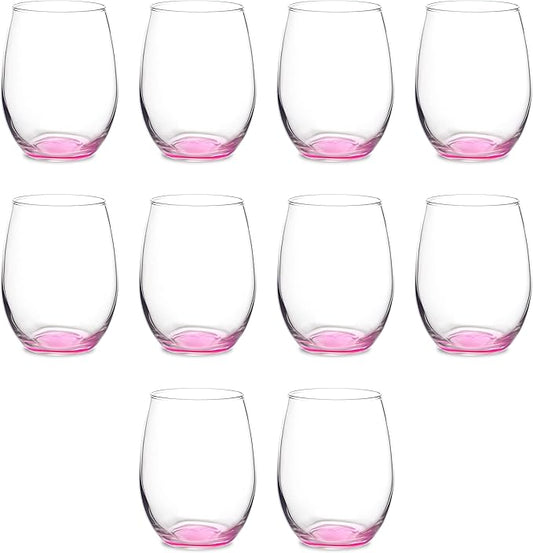 DISCOUNT PROMOS Stemless Wine Glasses in Bulk by ARC Perfection, 15 oz, 10 pack, Red or White Wine Glass Set, Pink