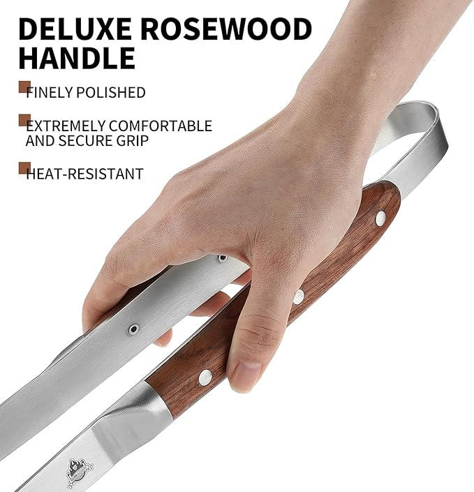 GRILLGEN Heavy Duty Rosewood Handle BBQ Grill Tongs, 16.73" Long Premium BBQ Grill Tongs for Outdoor Grilling, Essential Accessory for Barbecue & Grill, Best Grilling Gift