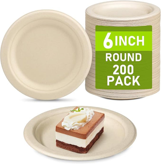 Small Eco Friendly Compostable Dessert Plates, 6 inch, 200 Pack, Sugarcane Biodegradable, Brown
