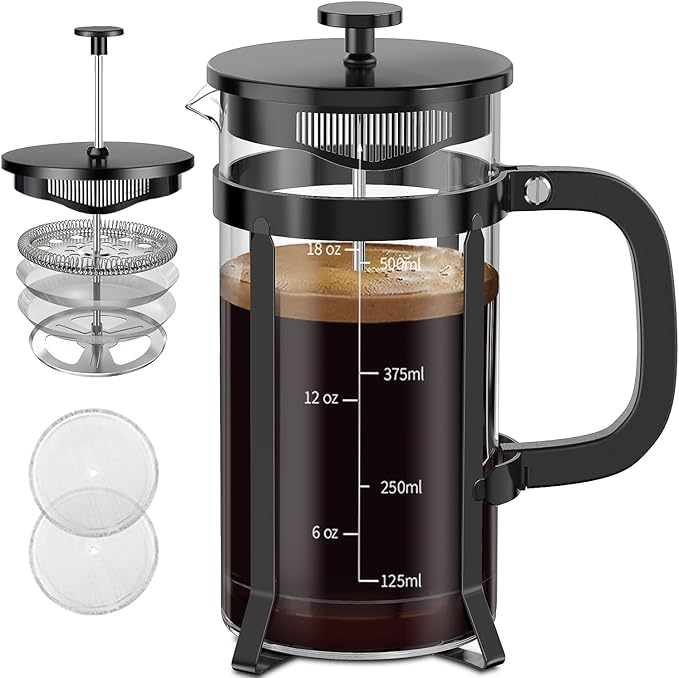QUQIYSO French Press Coffee Maker 304 Stainless Steel French Press with 4 Filter, Heat Resistant Durable, Easy to Clean, Borosilicate Glass Coffee Press, 100% BPA Free Glass Teapot, 21 ounce, Black