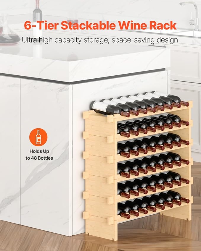 VEVOR Stackable Modular Wine Rack, 6-Tier 48 Bottles, Freestanding Wines Holder Display Shelf, Solid Bamboo Wood Storage Racks, Wobble-Free Shelves for Kitchens, Dining Rooms, Cellars, Natural Color