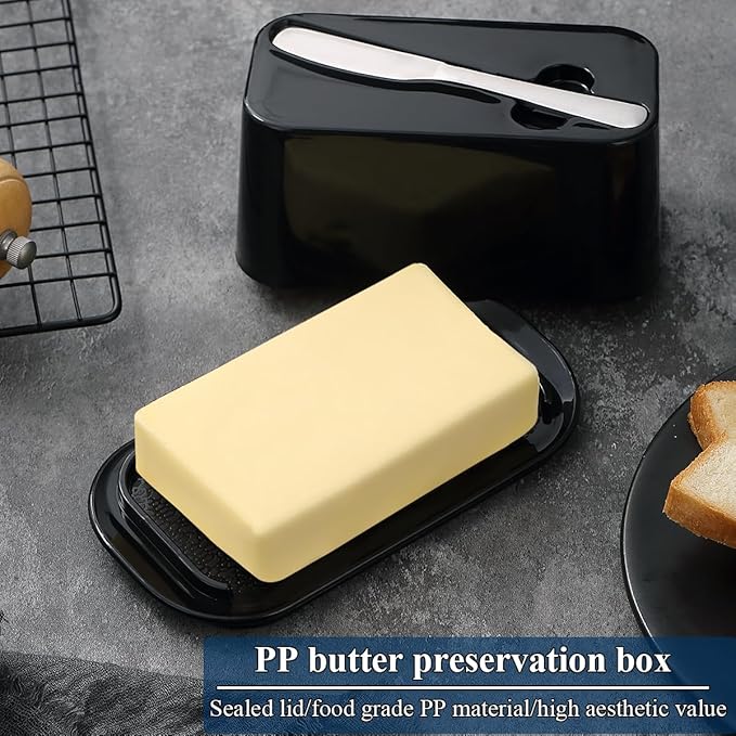 Evanda Butter Dish with Lid for Countertop and Refrigerator Door Shelf with Butter Spreader Knife, Butter Keeper, Plastic Butter Holder Tray Container for West/East Coast Butter