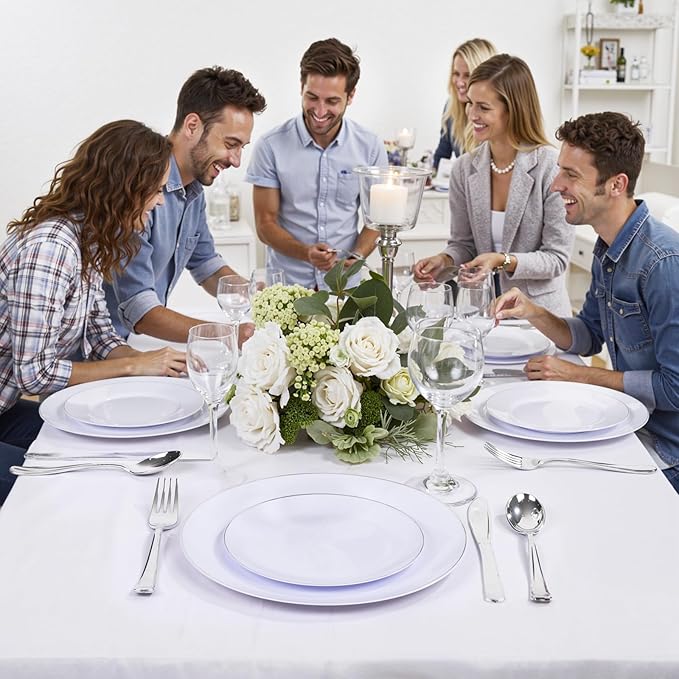 KIRE 200PCS Silver Plastic Plates - White Plastic Plates with Silver Rim Include 100 Dinner Plate and 100 for Dessert/Salad Plate for Birthday/Wedding/Party