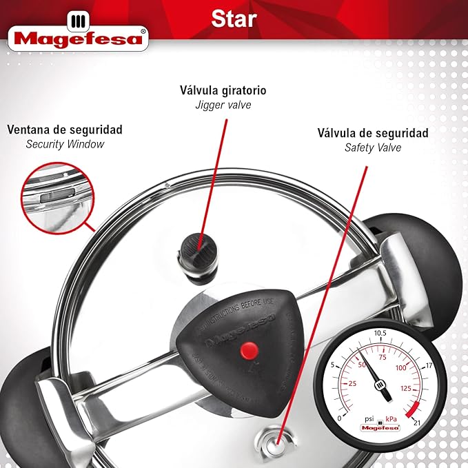 MAGEFESA Star Pressure Cooker, 8.4-Quart, 18/10 Stainless Steel, Works on All Stovetops (Induction Compatible), Safety Lock & 8 PSI Cooking