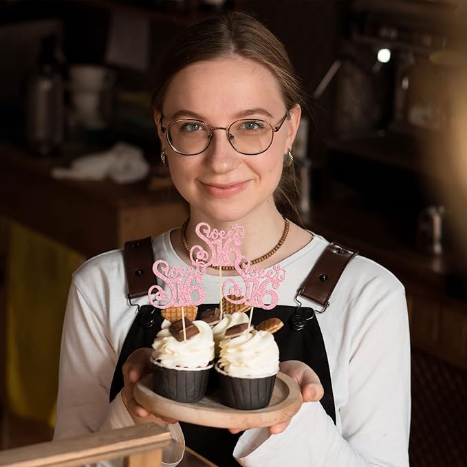 Gyufise 24 Pack Happy Sweet 16 Cupcake Toppers Glitter Sixteen 16th Birthday Cupcake Picks Cheers to 16 Years Old Cupcake Decorations for 16th Birthday Anniversary Party Cake Decorations Supplies Pink