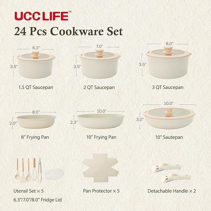 UCClife 24-Piece Nonstick Cookware Set - PFOA/PTFE Free Non-Toxic Pots & Pans, Detachable Handles, Oven & Dishwasher Safe, Scratch Resistant