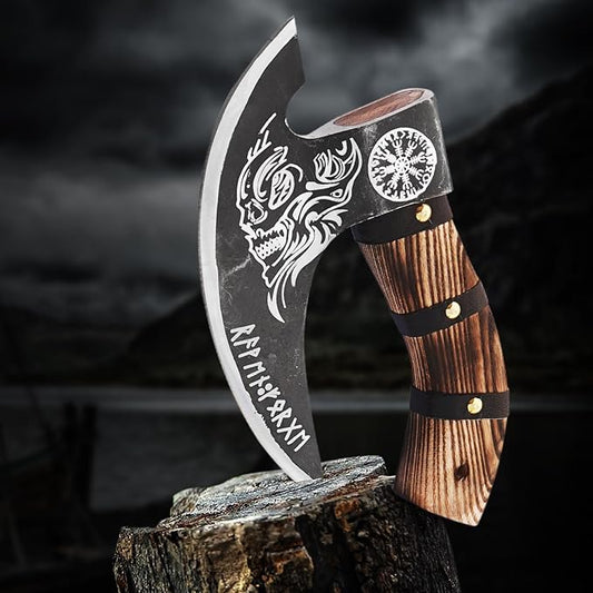 Edgelandknives® Multipurpose Viking Pizza Axe with Sheath, Viking Butcher Axe, Viking Pizza Cutter Axe - Burned Wood Handle & Heavy Duty Viking Skull Head - Perfect for Cutting Pizza, Meat, Vegetables