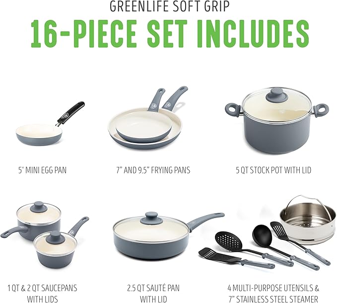 GreenLife 16 Piece Nonstick Cookware Set, Soft Grip Non-Toxic PFAS-Free Ceramic Pots & Pans, Dishwasher & Oven Safe, Frying, Sauce, Saute, Utensils, Glass Lids, Stay-Cool Handles, Wobble Free, Gray