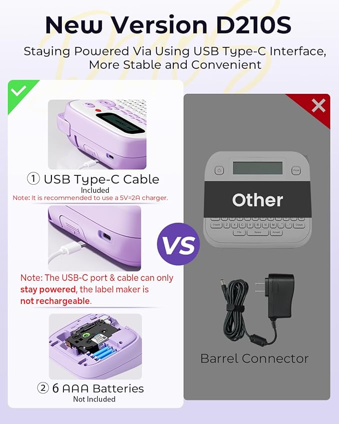 Label Maker Machine with Tapes, D210S Portable Label Maker, Label Machine with USB-C to Stay Powered, Labeler Features Chain Print to Reduce Label Wastes for Home Kids Items Office Organization