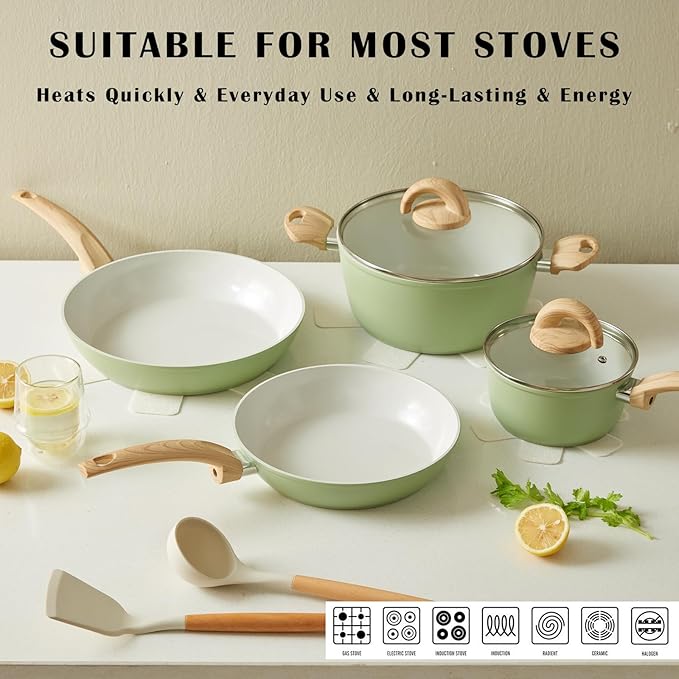 Green Non Stick Pots and Pans Set, Healthy Ceramic Cookware Set, 12pcs Kitchen Cooking Pots and Frying Sauce Saute Pans Set, PFAS-Free with Kitchen Utensils and Lid, Avocado