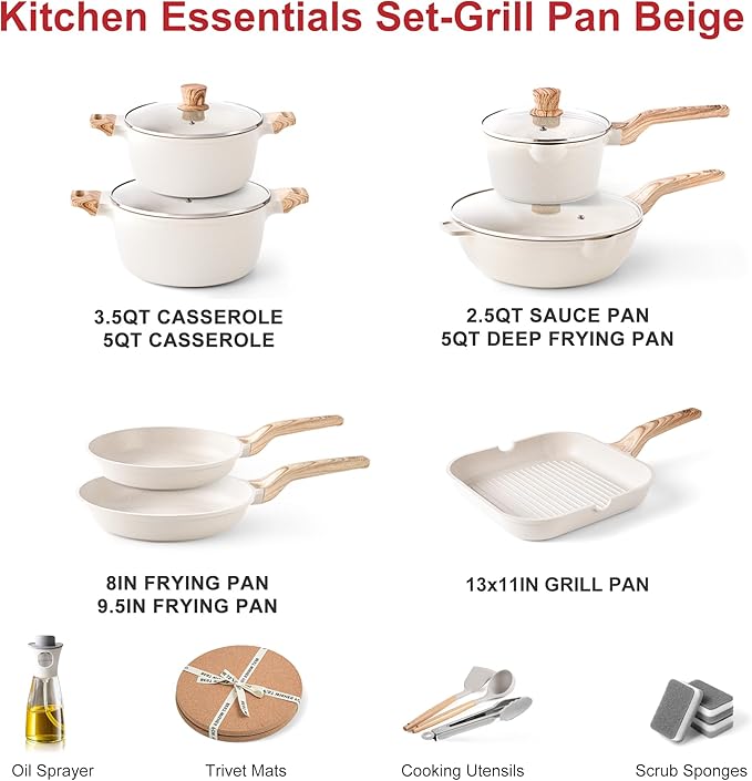 Caannasweis 20Pcs Cookware Sets, Nonstick Pots and Pans Set, Granite Induction Cookware, Non Stick Kitchen Cooking Set, Grayish White Grill Pan Set, PFOS PFOA Free