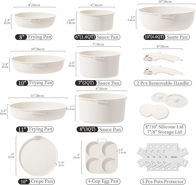 JEETEE Pots and Pans Set Non Stick 20 Pcs, Cookware Set Detachable Handle, RV Kitchen Cooking Set Removable Handles, Stackable Non-stick Set, Oven Safe, Beige