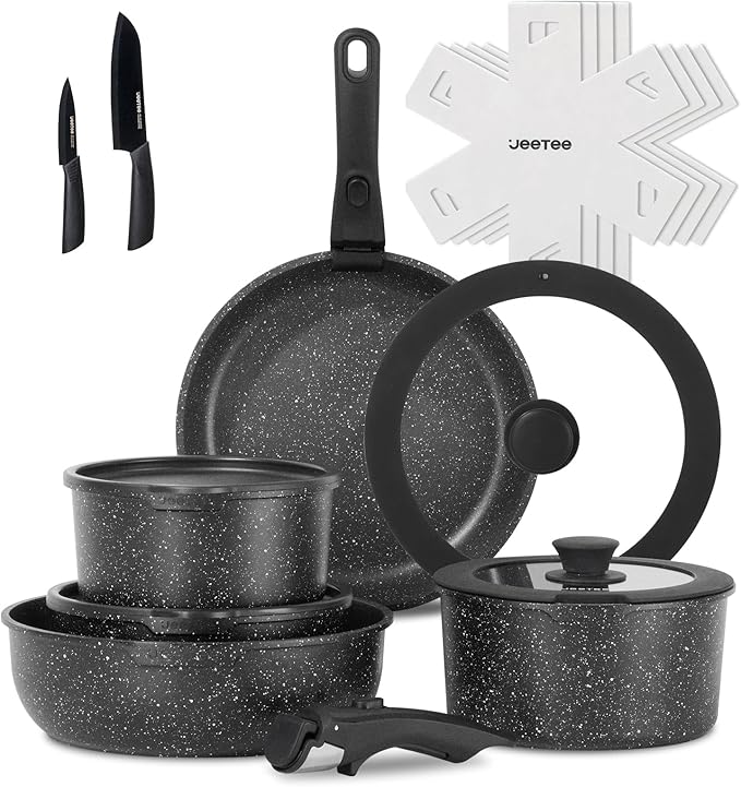 JEETEE Pots and Pans Set Non Stick 17pcs, Kitchen Cookware Sets with Detachable Handle, Induction Nonstick Cookware Set with Removable Handle, Stackable RV Cookware, Oven Safe, PFAS/PFOA Free, Black