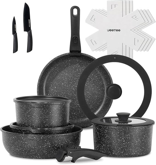 JEETEE Pots and Pans Set Non Stick 17pcs, Kitchen Cookware Sets with Detachable Handle, Induction Nonstick Cookware Set with Removable Handle, Stackable RV Cookware, Oven Safe, PFAS/PFOA Free, Black