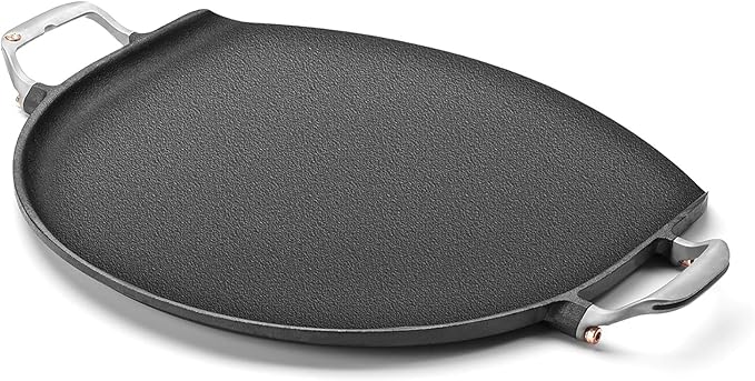 Outset Cast Iron Grill Skillet and Pan with Forged Handles for Pizza, Eggs, Pancakes, Burgers and Steaks, 14-inch, Black