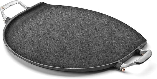 Outset Cast Iron Grill Skillet and Pan with Forged Handles for Pizza, Eggs, Pancakes, Burgers and Steaks, 14-inch, Black