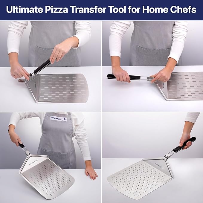 KitchenStar Perforated Pizza Peel 12 inch with 10 inch Folding Handle, Medium - Stainless Steel Spatula Paddle for Effortless Pizza Transfer & Easy Storrage - Outdoor Pizza Oven Accessories