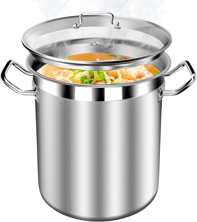 Large Stainless Steel Stock Pot with Lid – 24 Quart (6 Gallon) Heavy-Duty Cooking Pot for Soup, Stew, Pasta – Commercial & Home Use, Easy to Clean