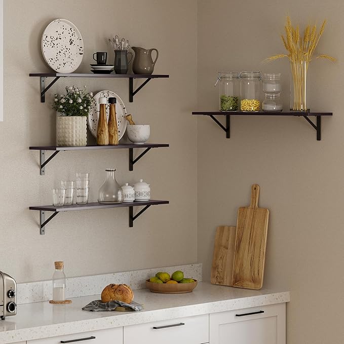 DINZI LVJ Long Wall Shelves, 23.6 Inch Wall Mounted Shelves Set of 2, Easy-to-Install, Wall Storage Ledges with Sturdy Metal Brackets for Living Room, Bathroom, Bedroom, Kitchen, Espresso