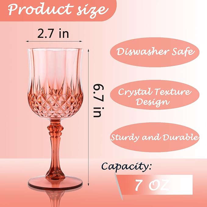 Plastic Wine Glasses，Plastic Goblets Vintage Style Cordial Drinking Glasses for Wedding Reception, Grand Event Party Supplies (12, Rose Gold)