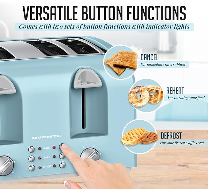 OVENTE Electric 4-Slice Toaster Machine with 6-Shade Selector Setting, Cancel Button, Defrost Function, Crumb Tray, 1400W Power and Wide Slots for Bagels, Waffles and Puff Pastry, Light Blue TS4410LBL
