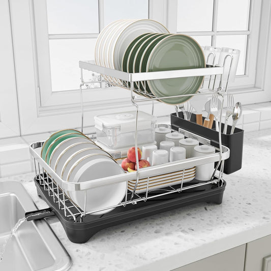 Dish Drying Rack - 2-Tier 304 Stainless Steel Dish Rack for Kitchen Counter, Adjustable Spout Auto-Draining Dish Rack, Kitchen Organizers and Storage Rack with Drainboard and Cutlery Holder Black