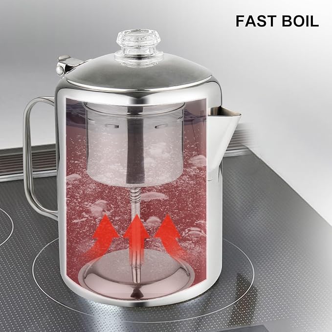 Coffee Percolator Bundle with 2 Mugs Stainless Steel Coffee Maker with Heat Resistant Tough Glass Knob & Foldable Handle Using on any Stovetop Outdoor Camping NO Aluminum NO Plastic (8 Cup)