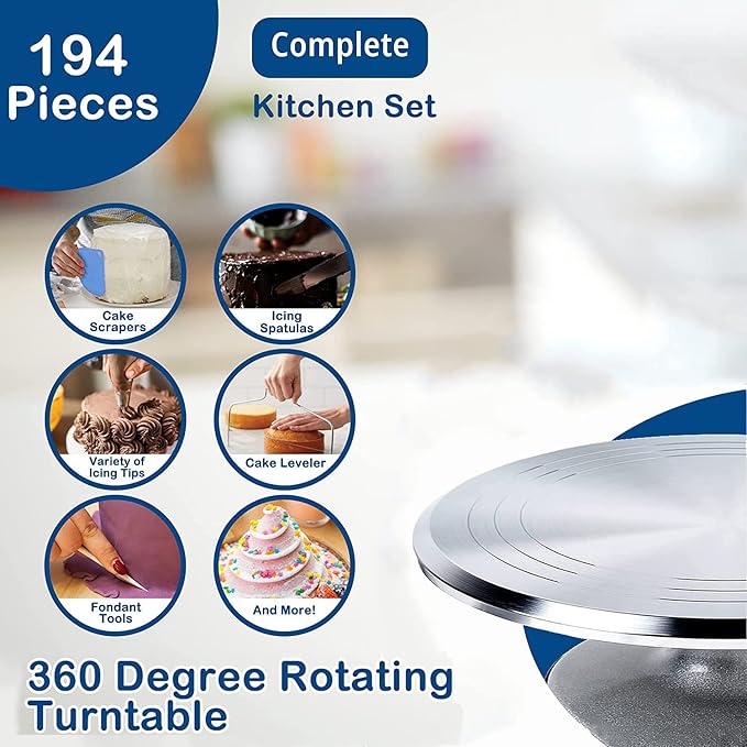 204 PCS Cake Decorating Kit, Aluminum Rotating Turntable Stand, Baking Supplies Kit Set with 4 Springform Pan Sets, 55 Icing Piping Nozzles, Cake Topper, Icing Spatula, Scraper, Pro Baking Tools
