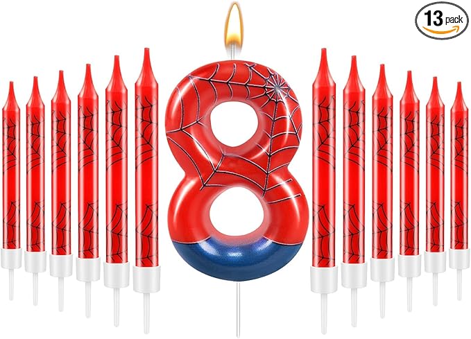 13 Pcs Spider Themed Birthday Candle Set Red Spider Theme Number 8 Candle Cake Topper for Boys Girls Birthday Decoration Spider Party Decoration Supplies (Number 8)