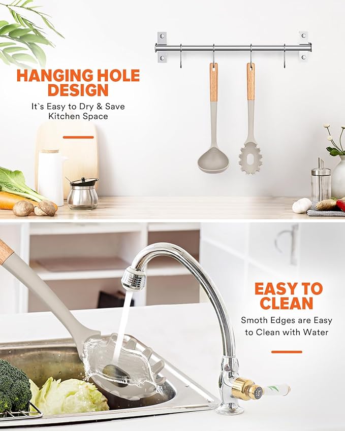 Pasta Fork and Ladle Set, Perfect for Serving Hot Soup, Stirring, and Sauce Pasta, BPA-Free Matte Silicone, Wood Handle Spaghetti Spoon for Nonstick Cooking Surfaces (Khaki)