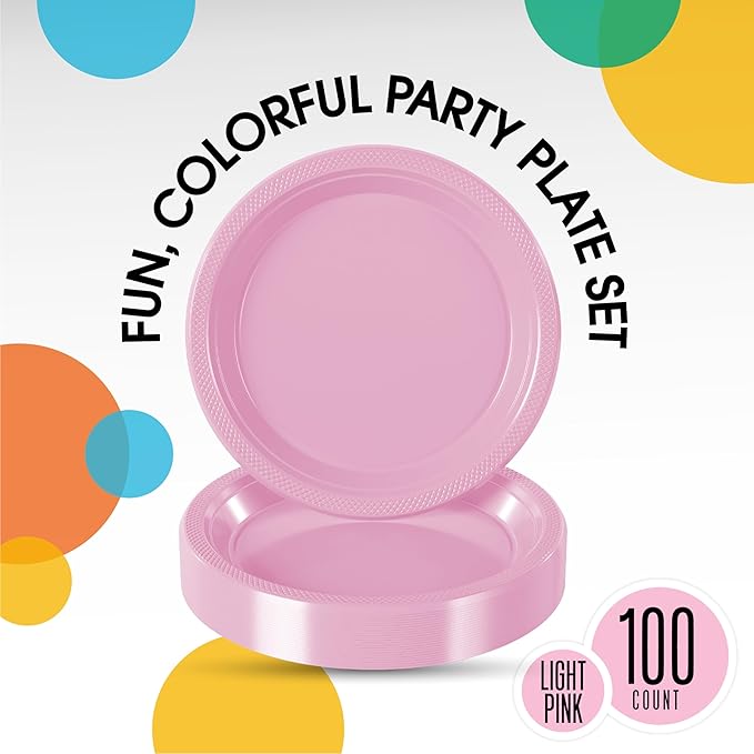 Exquisite Party Solids Pink Plastic Plates For Party 9" Pink Disposable Plates Heavy Duty Supplies 100 Pcs Plastic Dinnerware Sets Heavy Duty 350 GSM Disposable Dinnerware Set