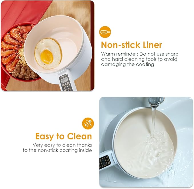 Electric Hot Pot,1.8L Electric Cooker Steamer, Multifunctional Non-stick Pan,Suitable For Ramen, Steak, Egg,Rice, Oatmeal, Soup Smart Button, Gold