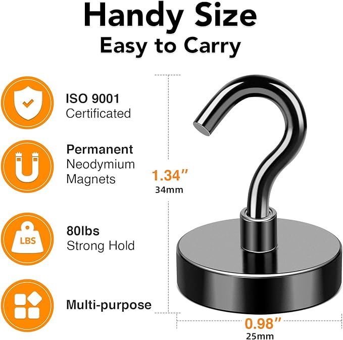 MIKEDE Black Magnetic Hooks, 80Lbs Heavy Duty Earth Magnets with Hooks for Cruise Cabin, Strong Magnet Hooks for Hanging, Super Metal Magnetic Hanger for Grill, Fridge, Kitchen - Pack of 10