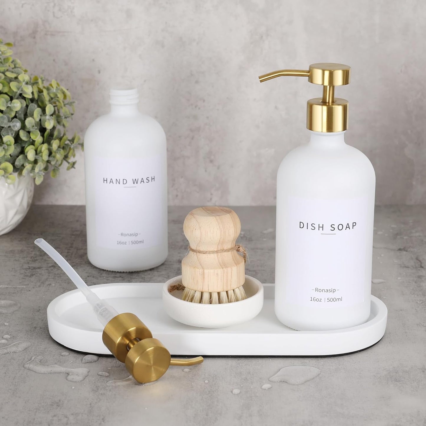 Set of 5 Kitchen Soap Dispenser Set 16 Oz Glass Hand Dish Soap Dispenser with Stainless Steel Pump, Cement Tray, Dish Scrub Brush for Farmhouse Rustic Home Bathroom Decor (White)