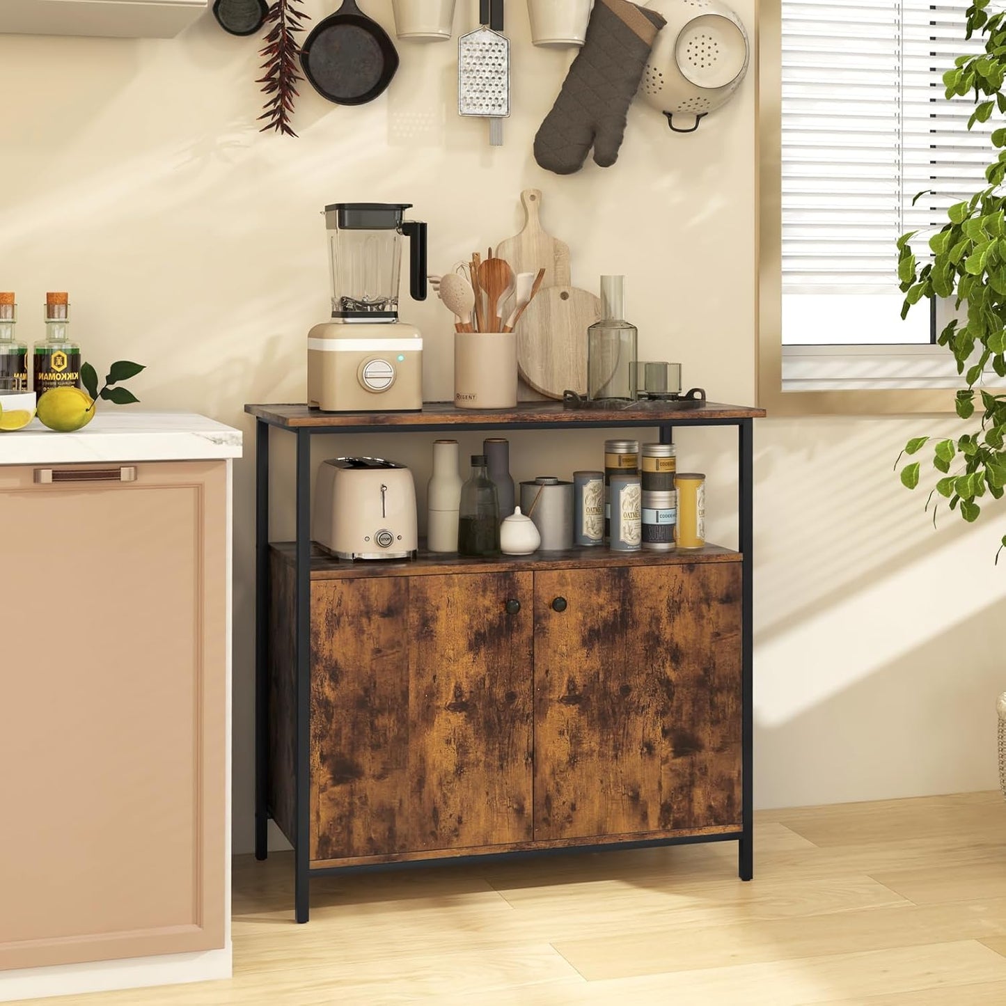 Buffet Cabinet, Industrial Storage Cabinet with Doors and Shelves, Wood Buffets & Sideboards, Farmhouse Coffee Bar, Rustic Console Table for Kitchen, Dining Living Room, Entryway