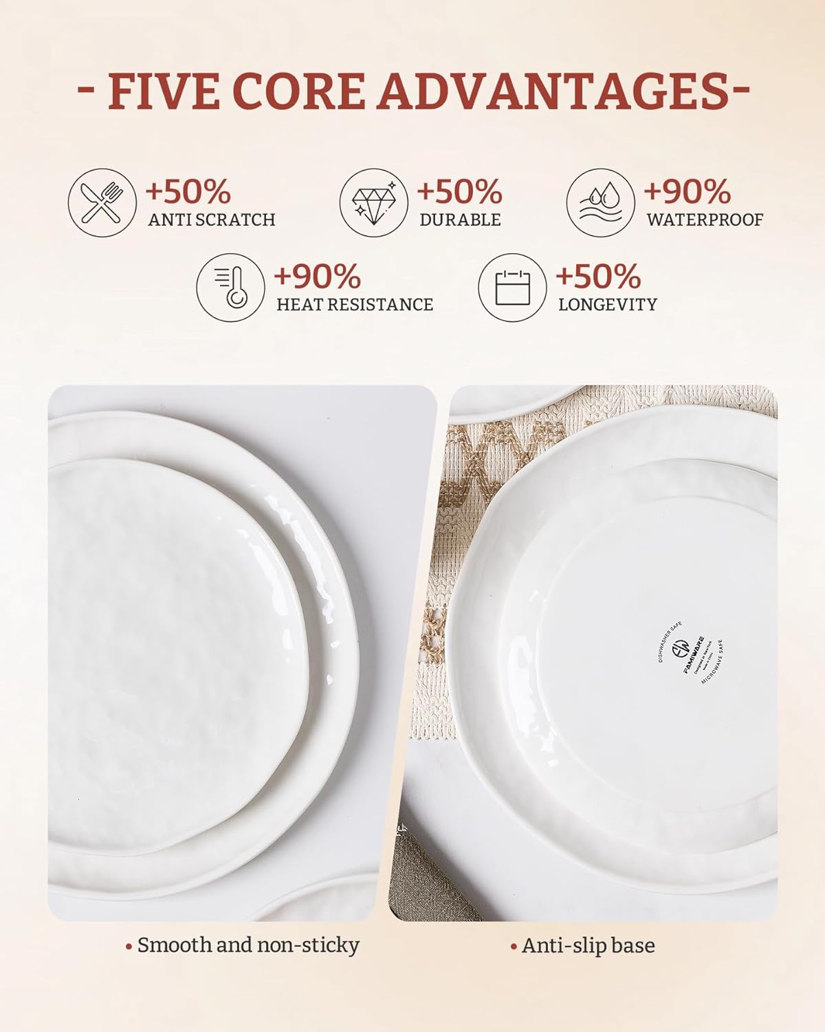 Famiware Porcelain kitchen plates and bowls set, Modern dishes set for 6, Handmade Wave Edge Dinnerware Sets, Microwave and Dishwasher Safe Tableware, Polar White (24pc)